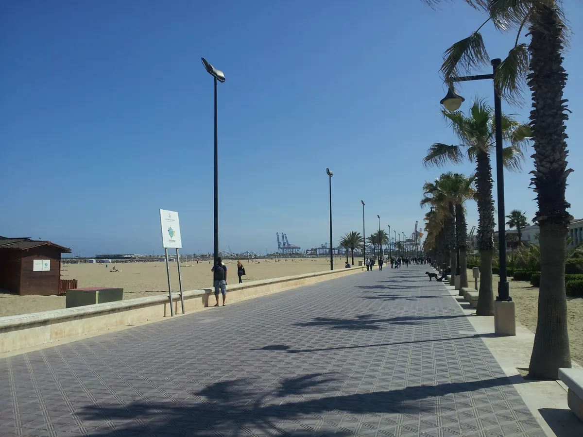 Přímořská promenáda v El Cabanyal ve Valencii, lemovaná palmami pod modrým nebem